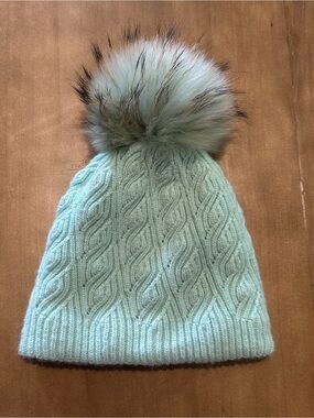 Light Mint Cable Knit Fur Pom Beanie